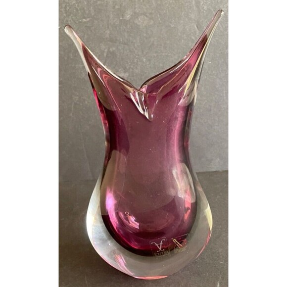 MCM Murano Sommerso Hand Blown Glass Vase 9" Purple Pointed Tips Formia Italy - Picture 13 of 16